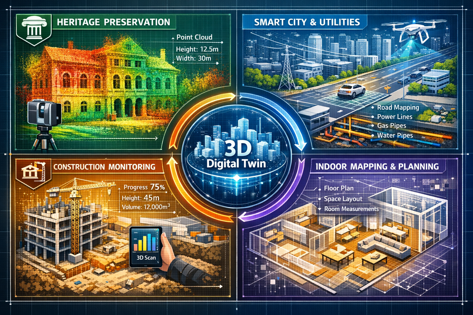 Detailed landscape format (1536x1024) infographic-style image showing real-world mobile 3D mapping applications across multiple sectors. Div