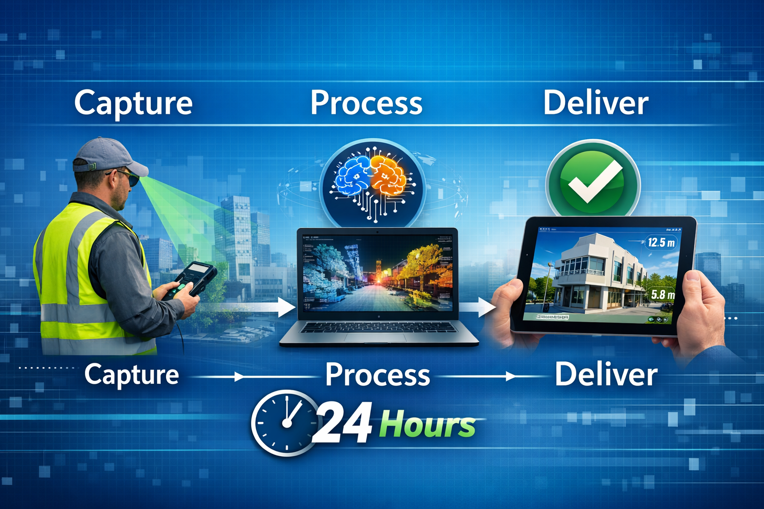 Detailed landscape format (1536x1024) image showing workflow timeline infographic for mobile mapping project implementation. Left to right p