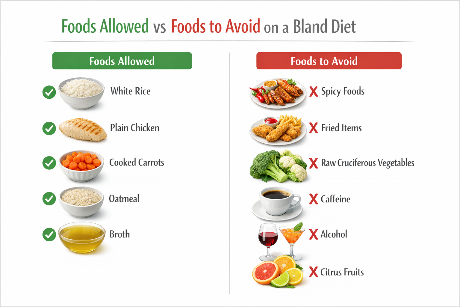 'Foods Allowed vs Foods to Avoid on a Bland Diet' — two-column visual with green checkmarks for white rice, plain chicken,