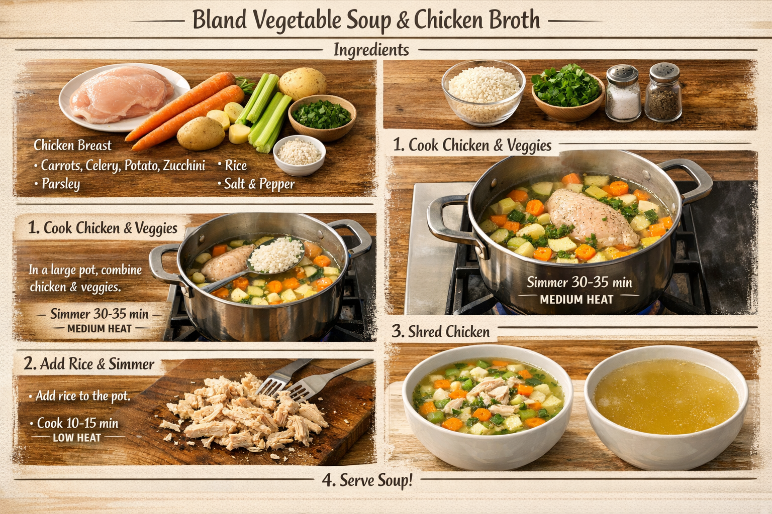 Step-by-step visual recipe card for bland vegetable soup and chicken broth — showing ingredients laid out, cooking stages in