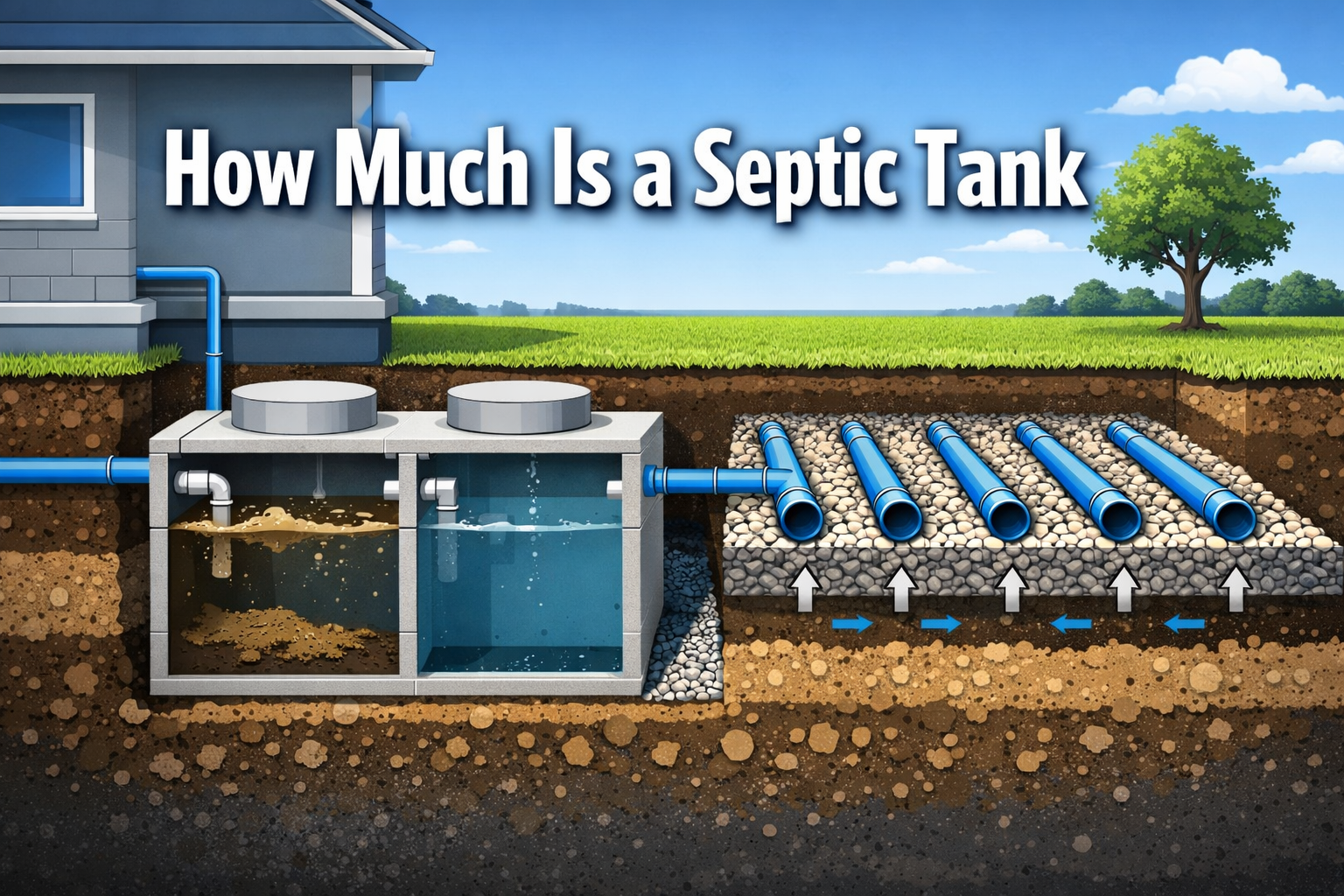 Professional landscape format (1536x1024) hero image with bold text overlay 'How Much Is a Septic Tank' in extra large 72pt white sans-serif