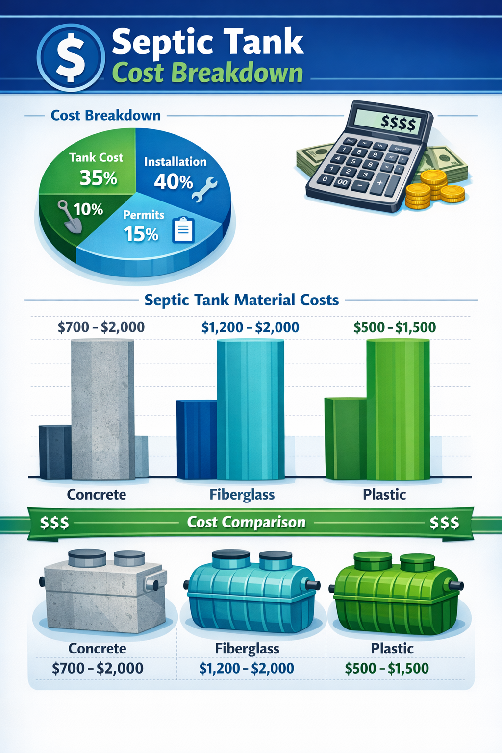 Portrait format (1024x1536) detailed infographic showing septic tank cost breakdown with dollar signs, calculator, and price ranges for diff