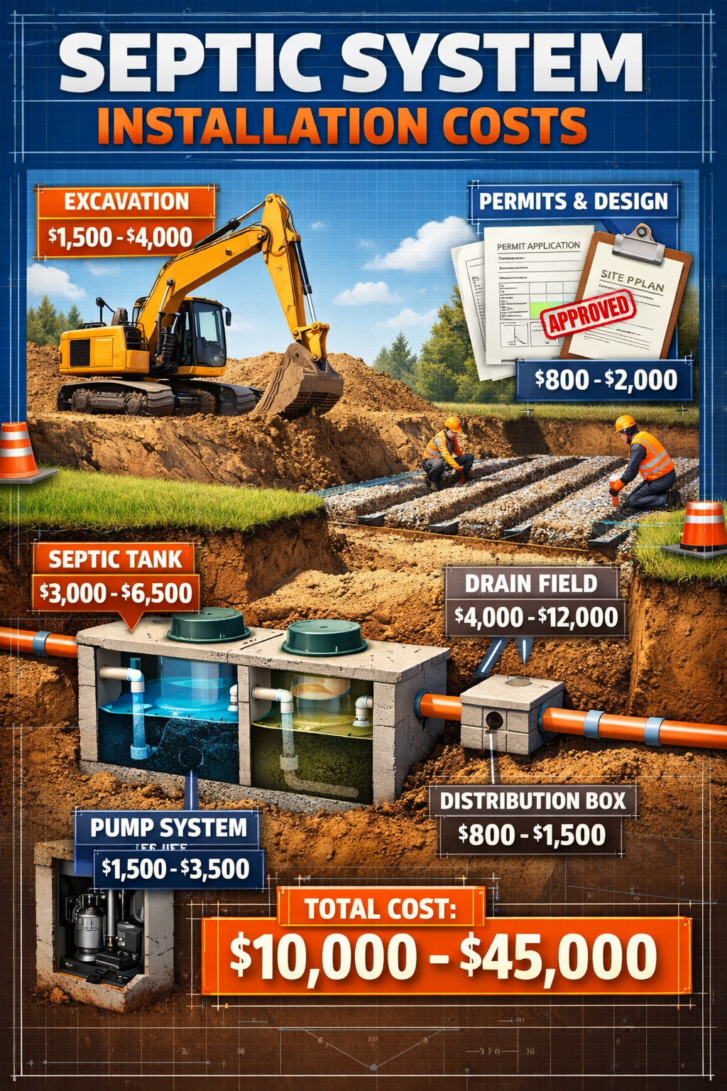 Portrait format (1024x1536) comprehensive septic system installation cost visualization featuring cross-section diagram of complete system w