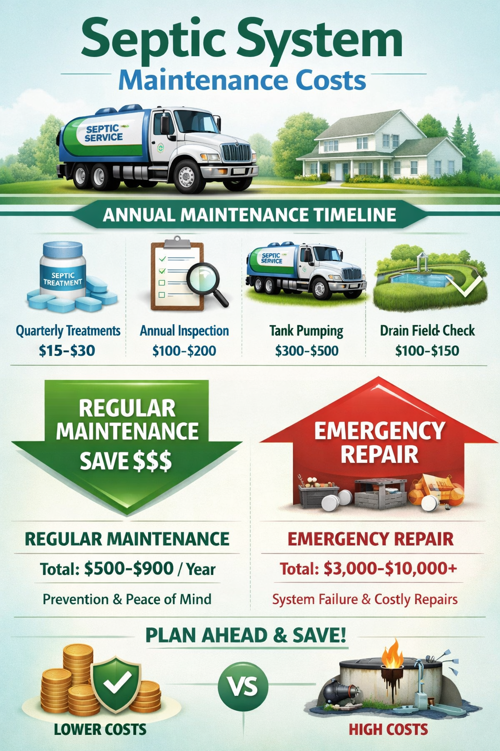 Portrait format (1024x1536) septic system maintenance cost calendar showing annual expenses timeline with pump truck, inspection checklist, 