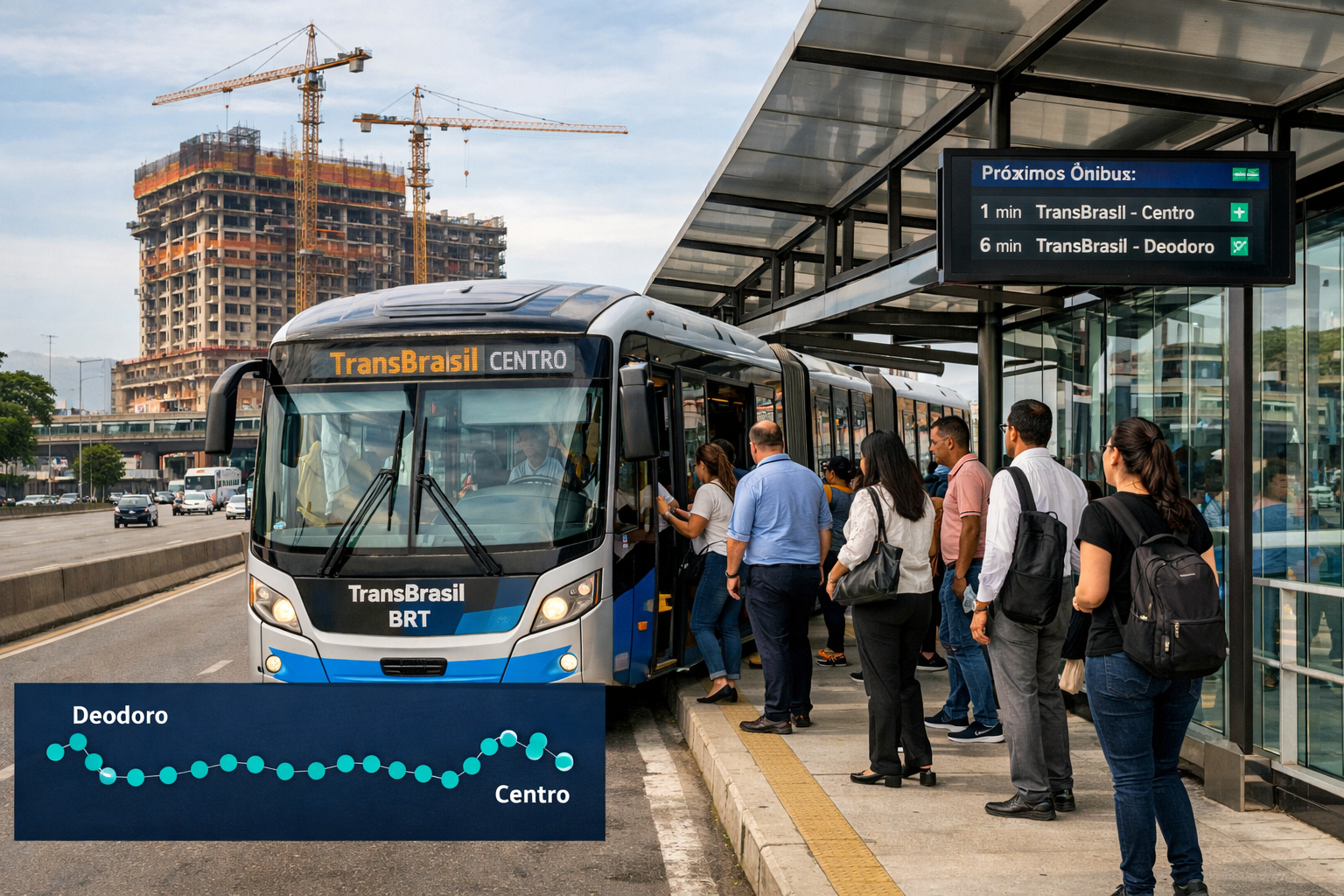 Detailed () editorial image showing the TransBrasil BRT corridor from a ground-level perspective along Avenida Brasil, Rio