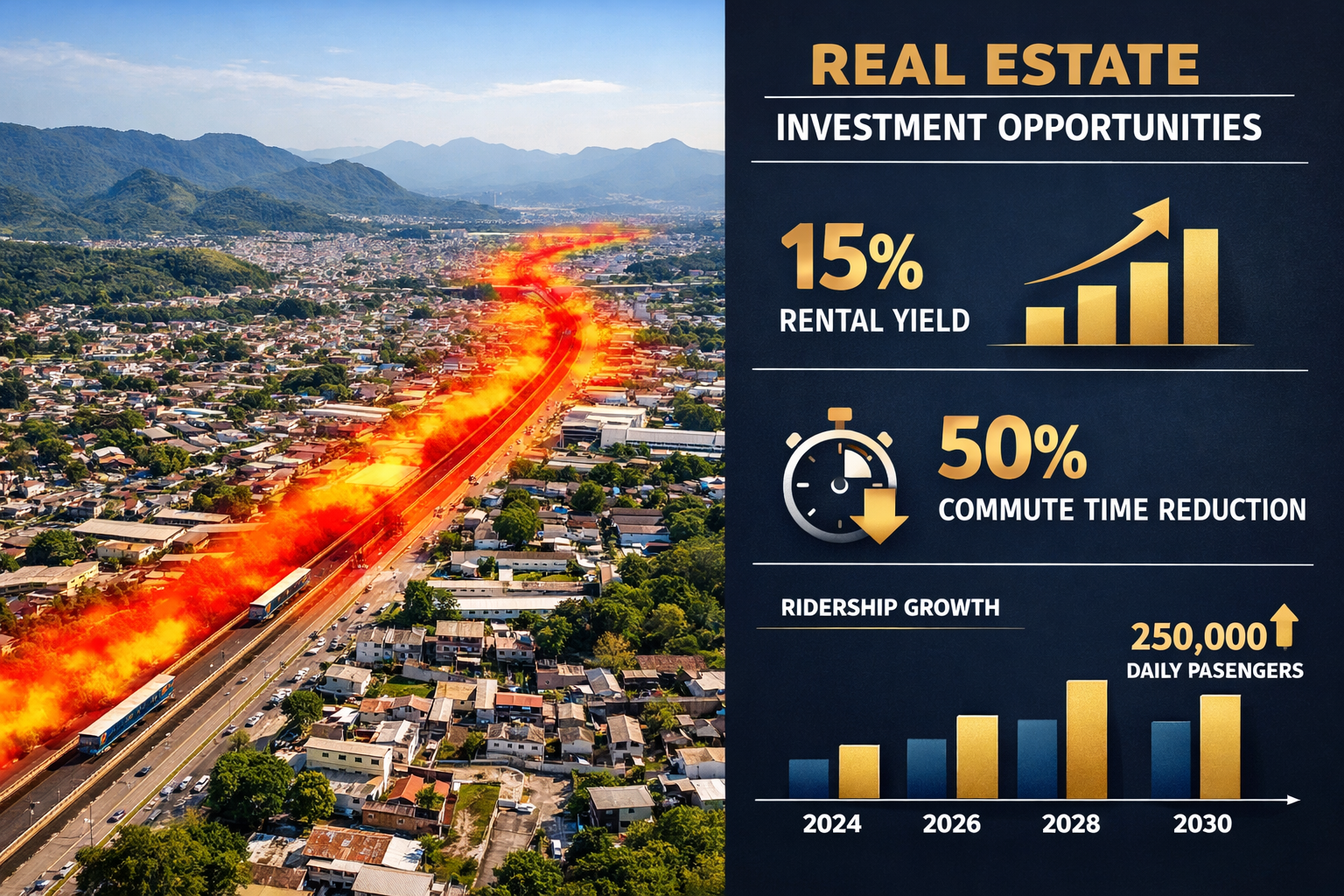 Detailed () data visualization concept image for real estate investment opportunities. Split-screen composition: left side