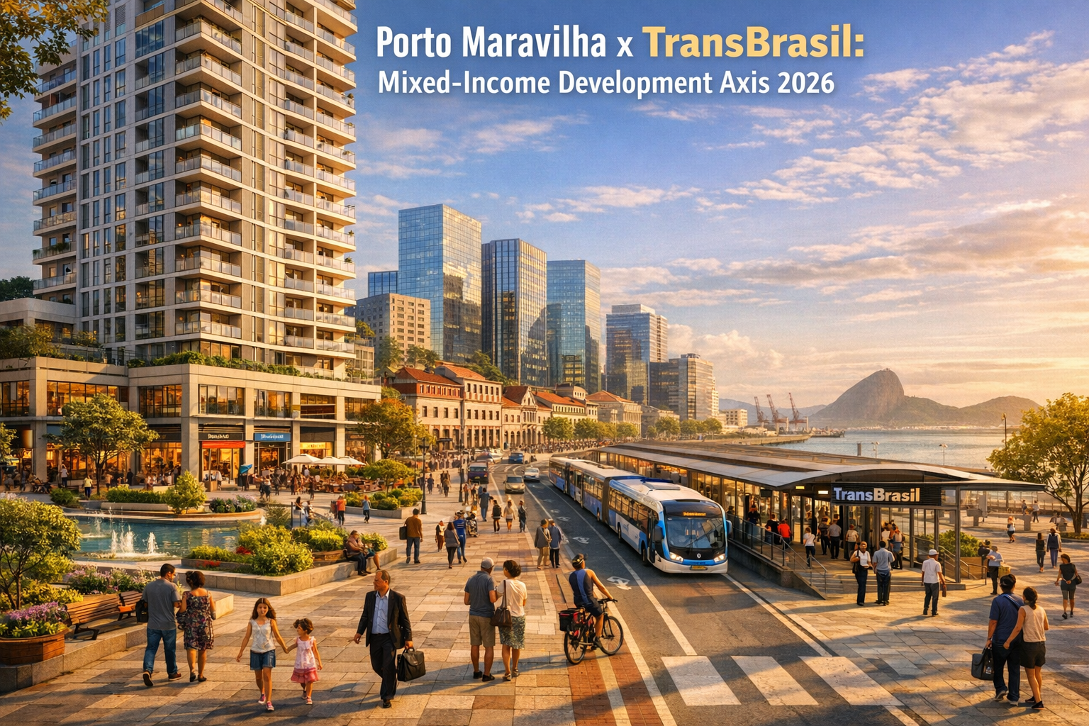 Detailed () architectural concept render showing a mixed-income, mixed-use development project adjacent to a TransBrasil BRT