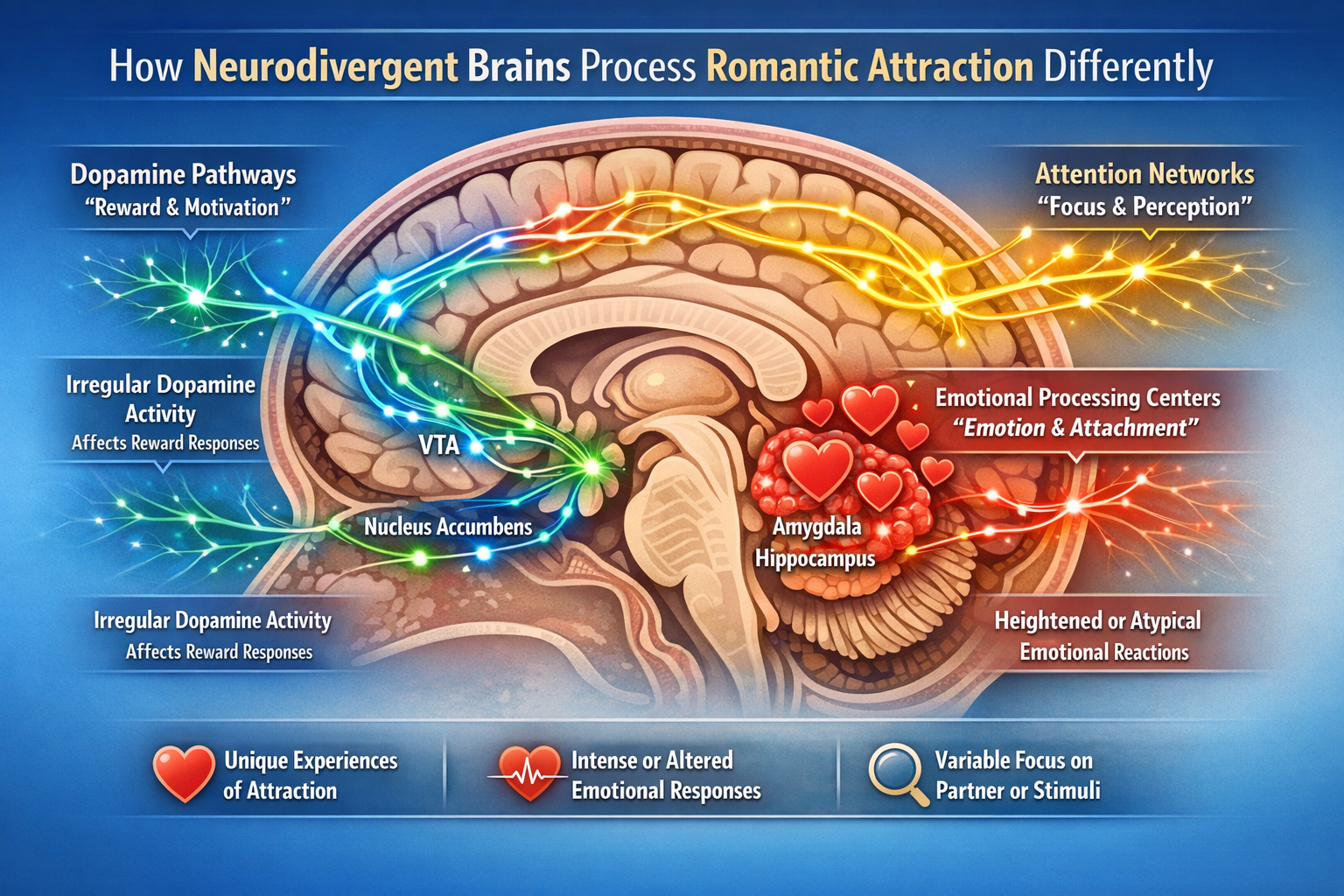 Landscape format (1536x1024) infographic showing brain cross-section with highlighted regions for dopamine pathways, emotional processing ce