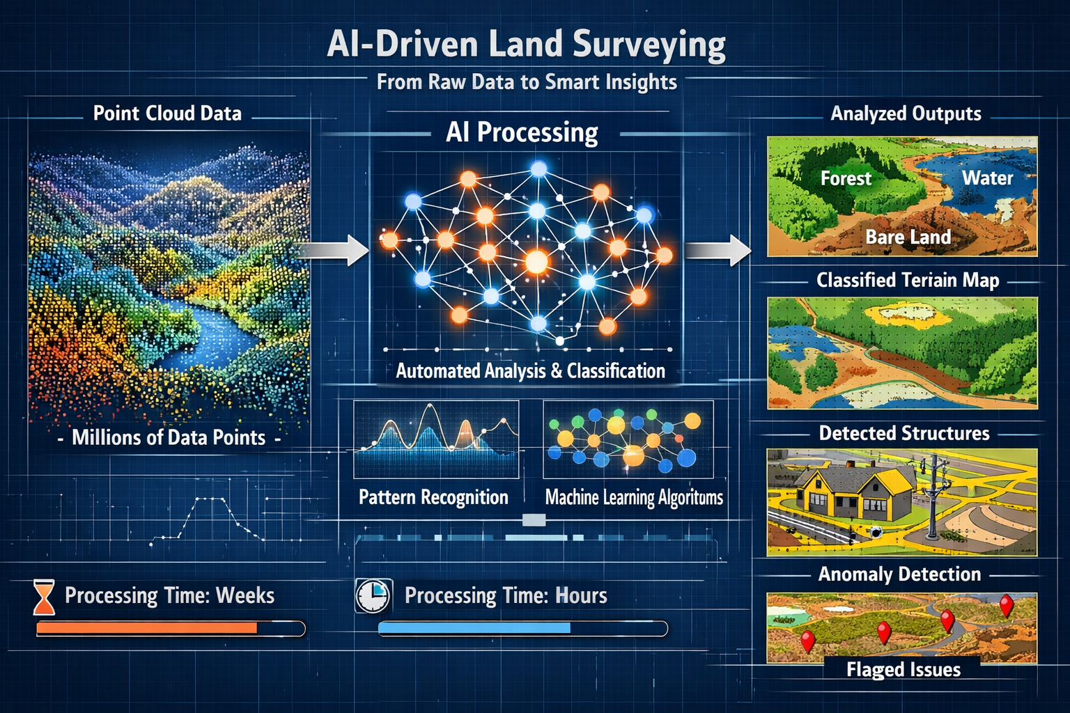 Detailed landscape format (1536x1024) illustration showing AI-powered data processing workflow for land surveying. Left side displays massiv
