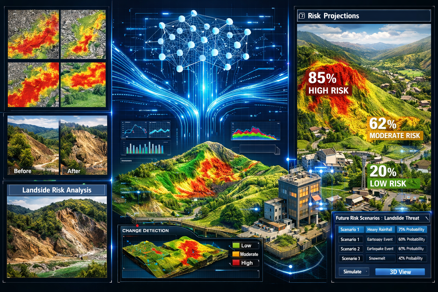 Detailed landscape format (1536x1024) visualization of AI-driven risk prediction system for land surveying. Split-screen composition showing