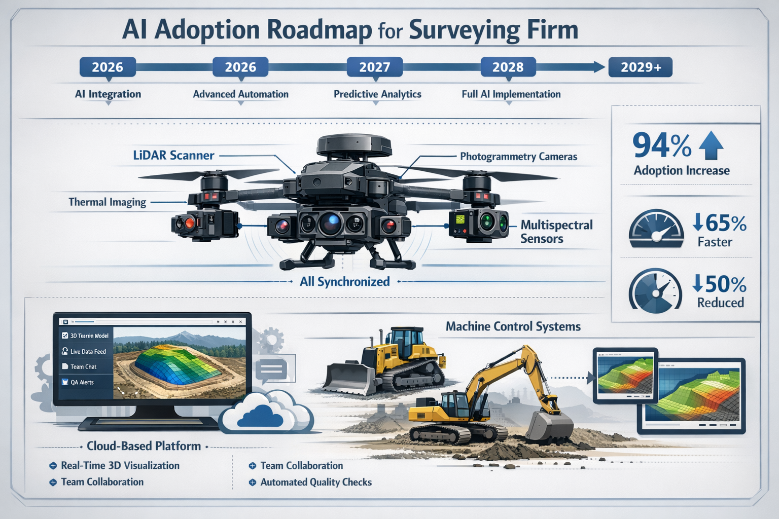 Detailed landscape format (1536x1024) implementation guide visualization showing surveying firm's AI adoption roadmap. Top section displays 