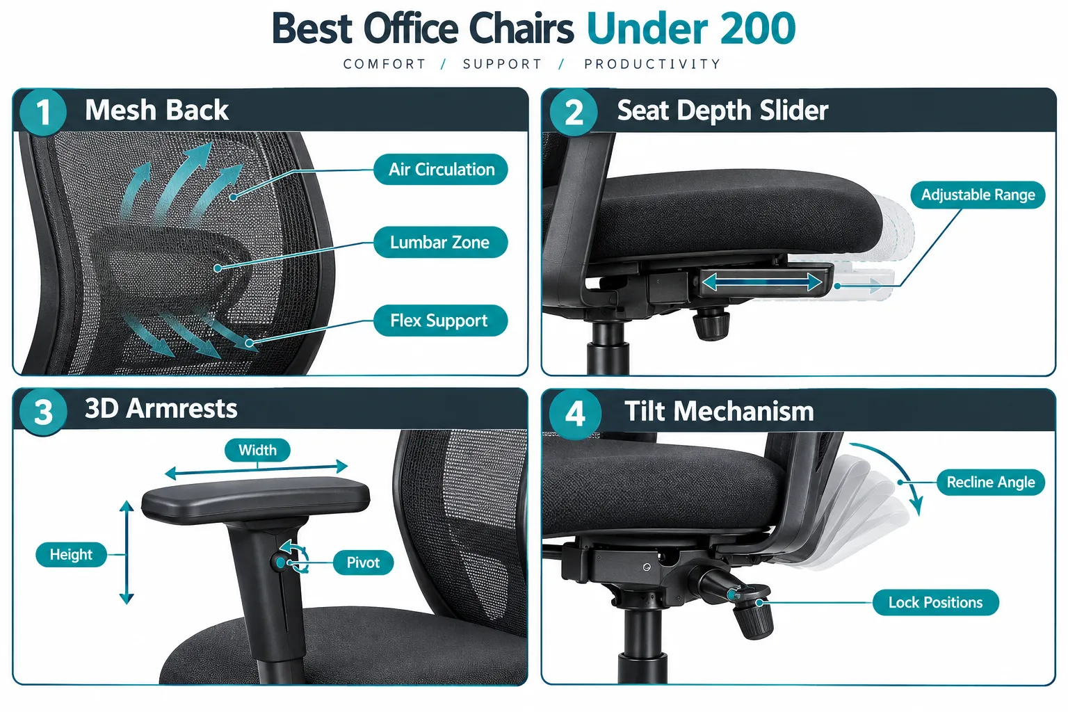 Best Office Chair Under 200 Four-panel labelled comparison guide for best office chairs under 200, landscape format (1536x1024): Panel 1 labeled 'Mesh Back' showing close-up of breathable mesh weave with callout lines pointing to 'Air Circulation', 'Lumbar Zone', 'Flex Support'. Panel 2 labeled 'Seat Depth Slider' with callout to 'Adjustable Range'. Panel 3 labeled '3D Armrests' with callouts 'Height', 'Width', 'Pivot'. Panel 4 labeled 'Tilt Mechanism' with callouts 'Recline Angle', 'Lock Positions'. Clean white background, teal and charcoal palette, thin callout lines, editorial infographic polish, no prices or dollar amounts.What Makes a Good Office Chair for the Price