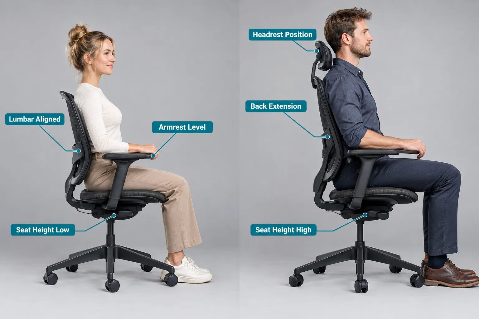Best Office Chair Under 200 Annotated side-by-side documentary editorial photograph, landscape format (1536x1024): Left half shows a 5-foot-2 woman seated in a mesh ergonomic office chair with callout labels 'Seat Height Low', 'Lumbar Aligned', 'Armrest Level'. Right half shows a 6-foot-2 man in the same chair model with callout labels 'Seat Height High', 'Back Extension', 'Headrest Position'. Bright studio lighting, neutral grey backdrop, professional ergonomic assessment aesthetic, teal callout lines, bold sans-serif labels inside 5% safe margins, magazine editorial quality, no prices or checkmark grids. Office Chair Under 200 for Tall People and Different Body Types