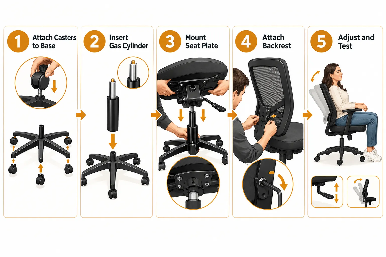 Best Office Chair Under 200 Numbered step-by-step assembly flow diagram, landscape format (1536x1024): Five illustrated steps in a horizontal flow for assembling a budget ergonomic office chair. Step 1 labeled 'Attach Casters to Base' showing wheel and star base. Step 2 labeled 'Insert Gas Cylinder' showing cylinder drop-in. Step 3 labeled 'Mount Seat Plate' showing seat mechanism connection. Step 4 labeled 'Attach Backrest' showing backrest bolt connection. Step 5 labeled 'Adjust and Test' showing seated figure testing recline. Clean white background, warm amber and charcoal palette, bold step numbers in circles, short 1-4 word labels per step, editorial instructional diagram quality, fully inside 5% safe margins. Office Chair Under 200 Assembly: What to Expect