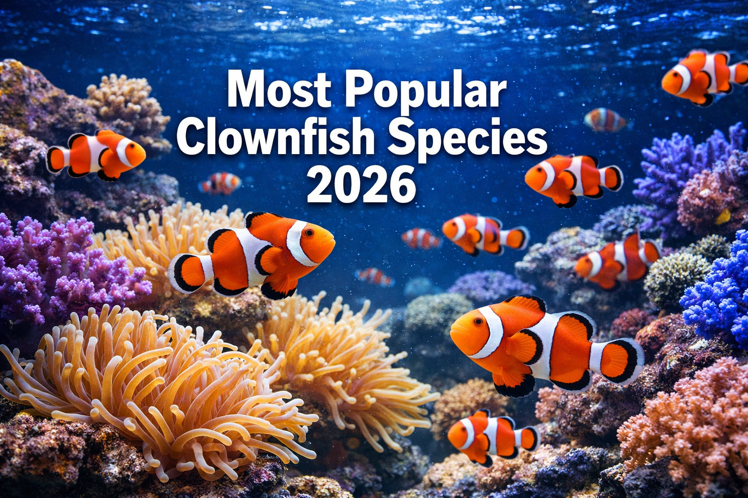 Professional landscape hero image (1536x1024) featuring bold text overlay 'Most Popular Clownfish Species 2026' in extra large 70pt white sa