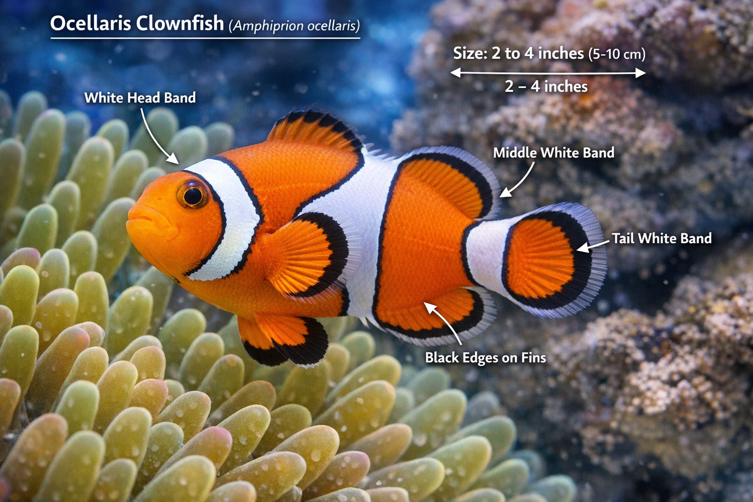 Detailed underwater scene showing the iconic orange Ocellaris clownfish (Nemo) with distinctive white stripes swimming in bright sea anemone
