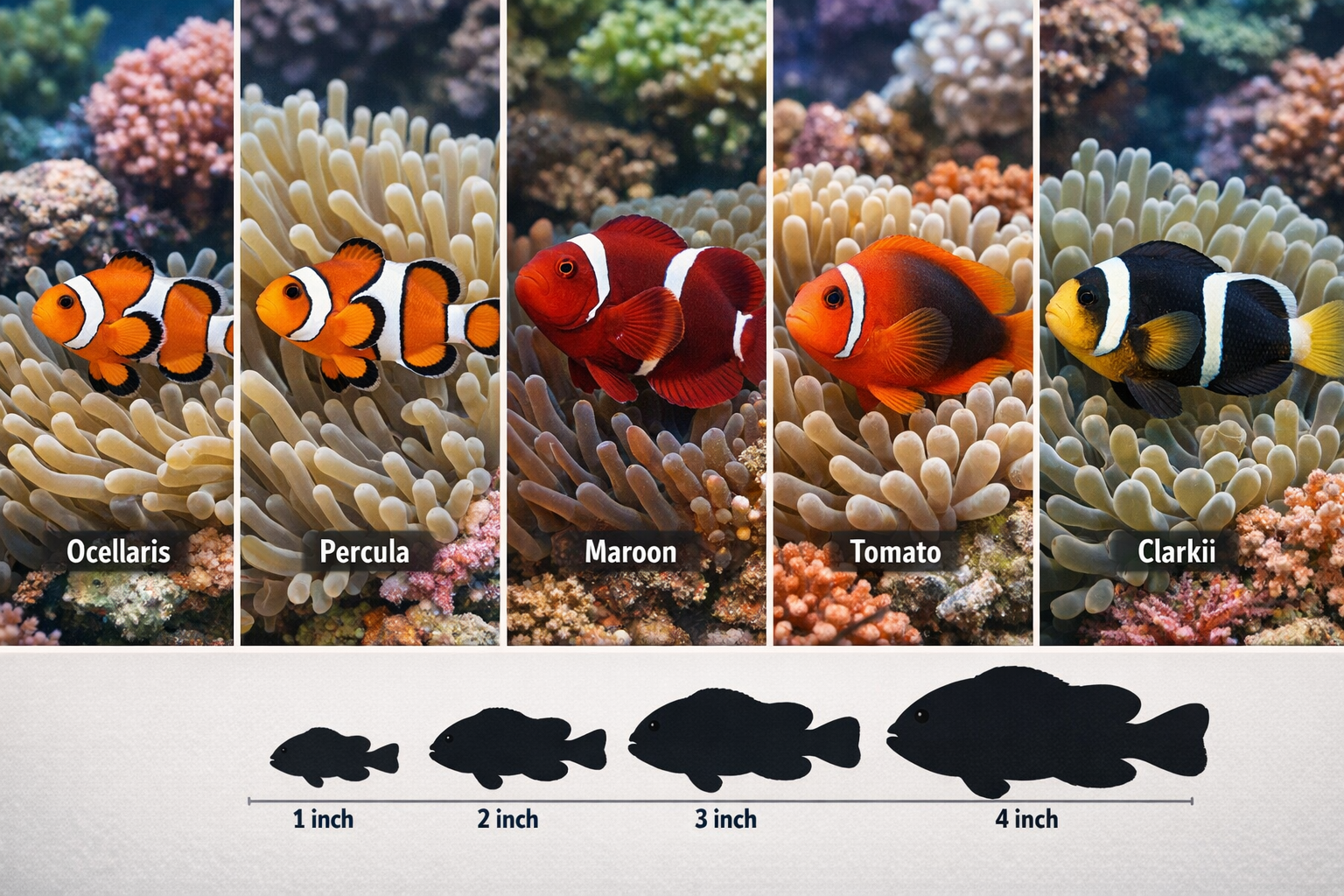 Split-screen comparison image showing five different clownfish species side by side: Ocellaris, Percula, Maroon, Tomato, and Clarkii clownfi