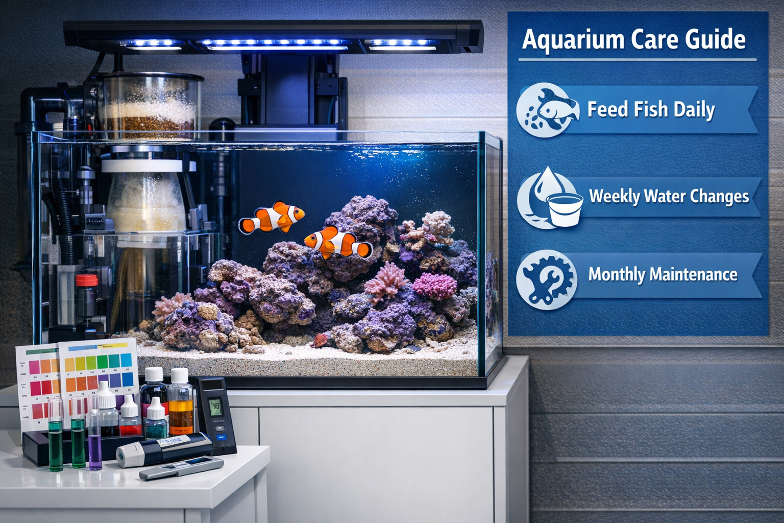 Professional aquarium setup photograph showing properly maintained saltwater tank with clownfish pair, high-quality filtration system visibl