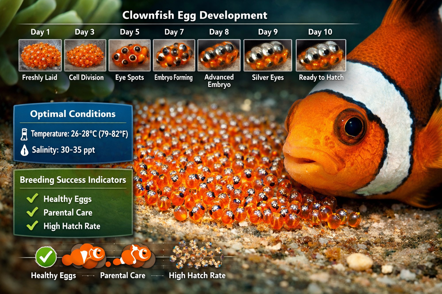 Underwater macro photography of clownfish eggs on flat surface near anemone base, translucent orange eggs with visible eye development, pare