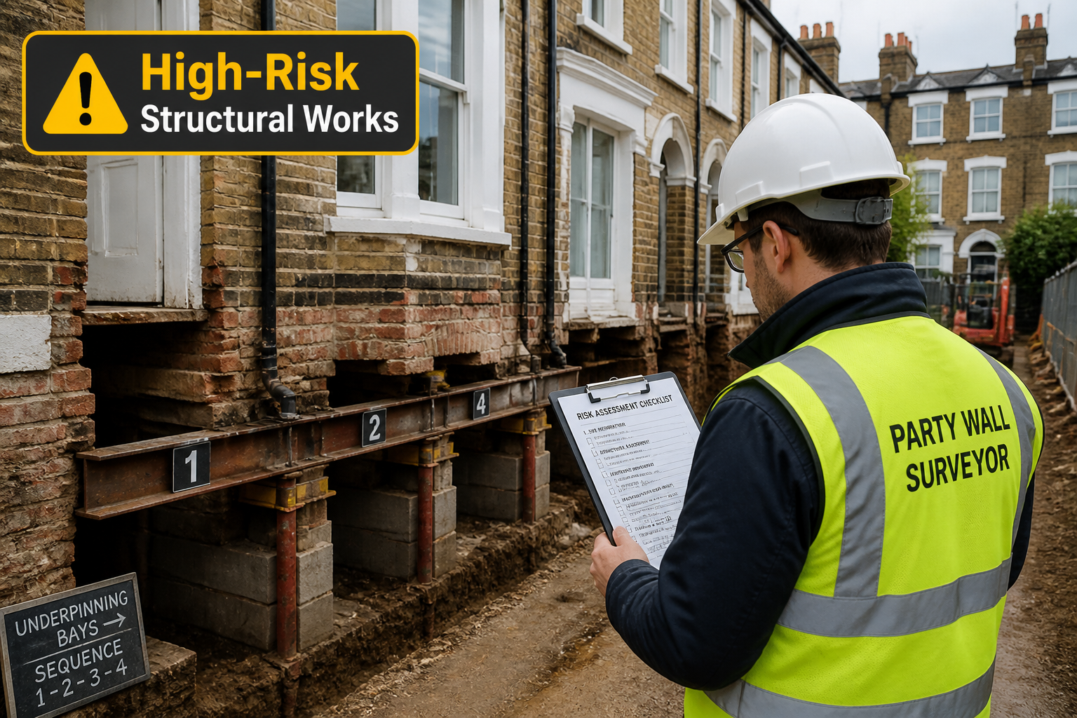Detailed () editorial illustration showing a party wall surveyor in a hard hat and hi-vis vest conducting a structural risk