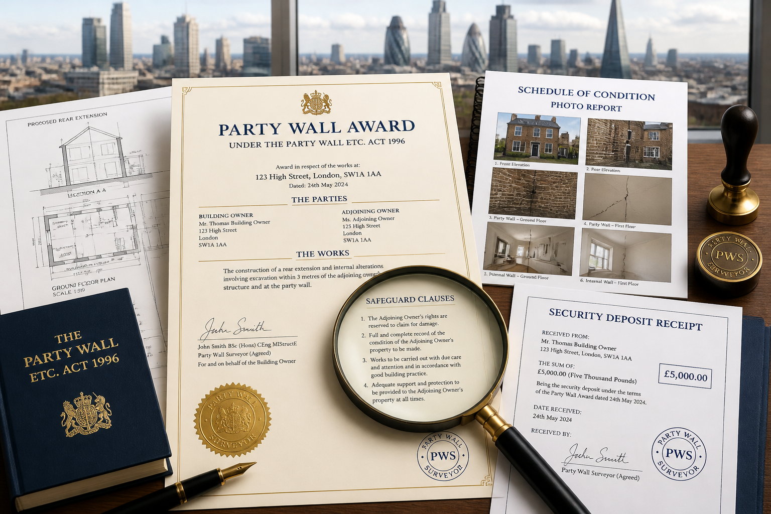 Detailed () infographic-style image showing a formal Party Wall Award document on a desk with legal stamps, surrounded by