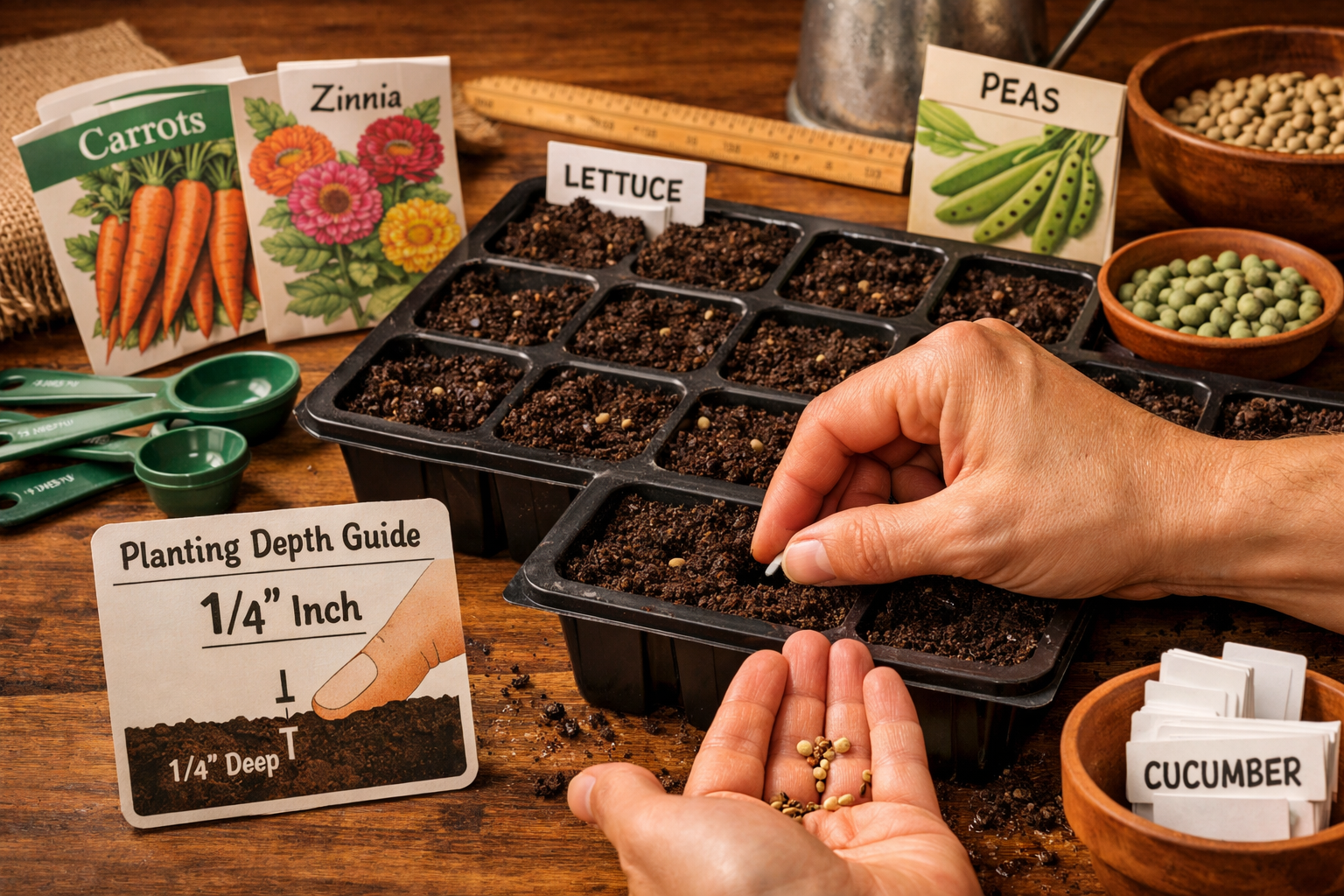 All images should be as if taken with an SLR camera. Landscape format (1536x1024) image showing hands planting seeds in seed starting trays 