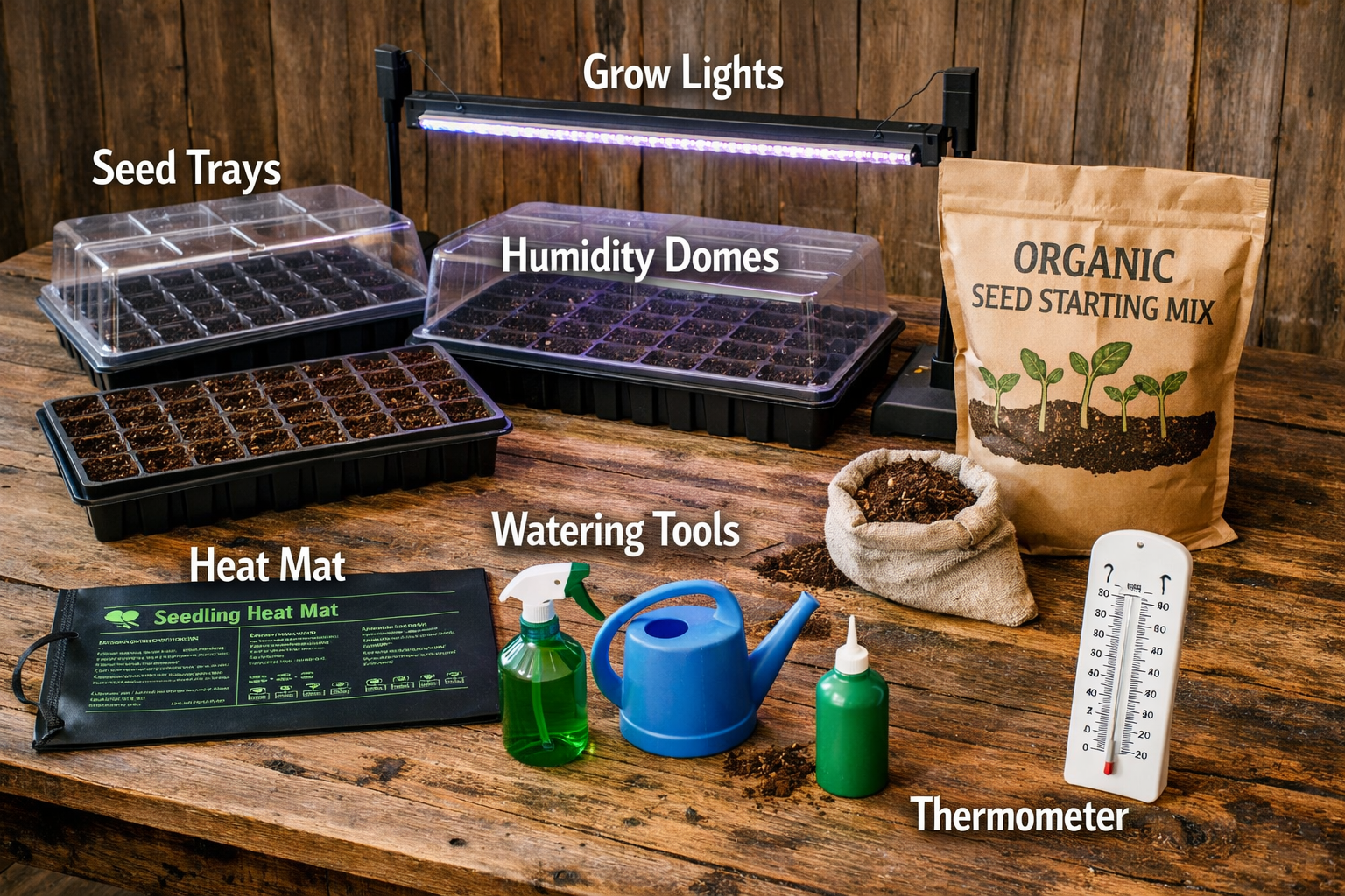 All images should be as if taken with an SLR camera. Landscape format (1536x1024) image displaying essential seed starting supplies arranged