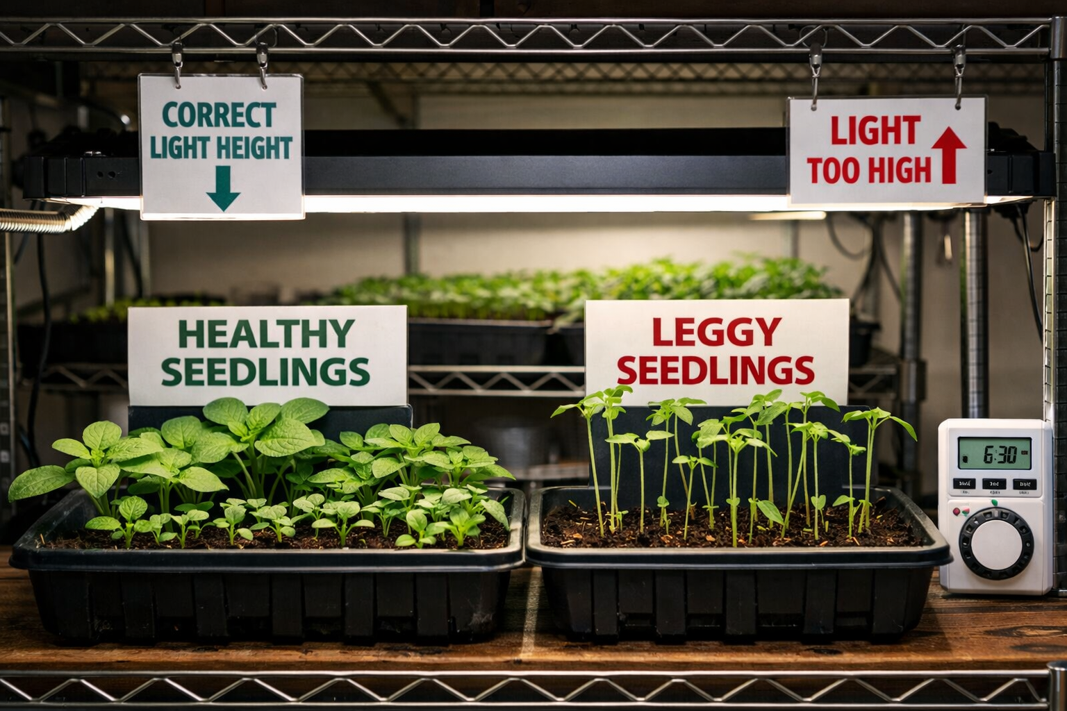 All images should be as if taken with an SLR camera. Landscape format (1536x1024) image showing healthy seedlings at different growth stages