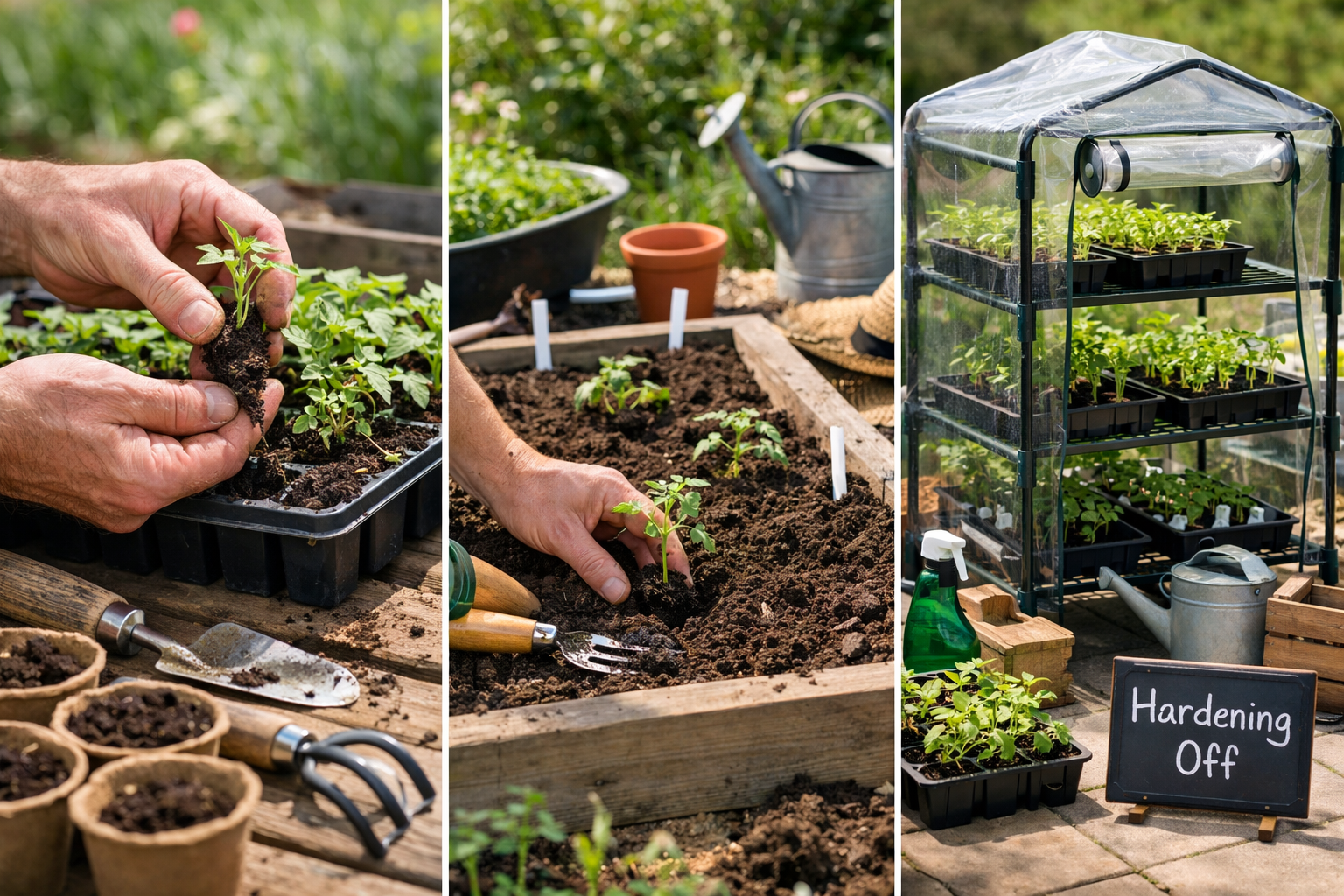 All images should be as if taken with an SLR camera. Landscape format (1536x1024) image depicting seedling transplanting process with hands 