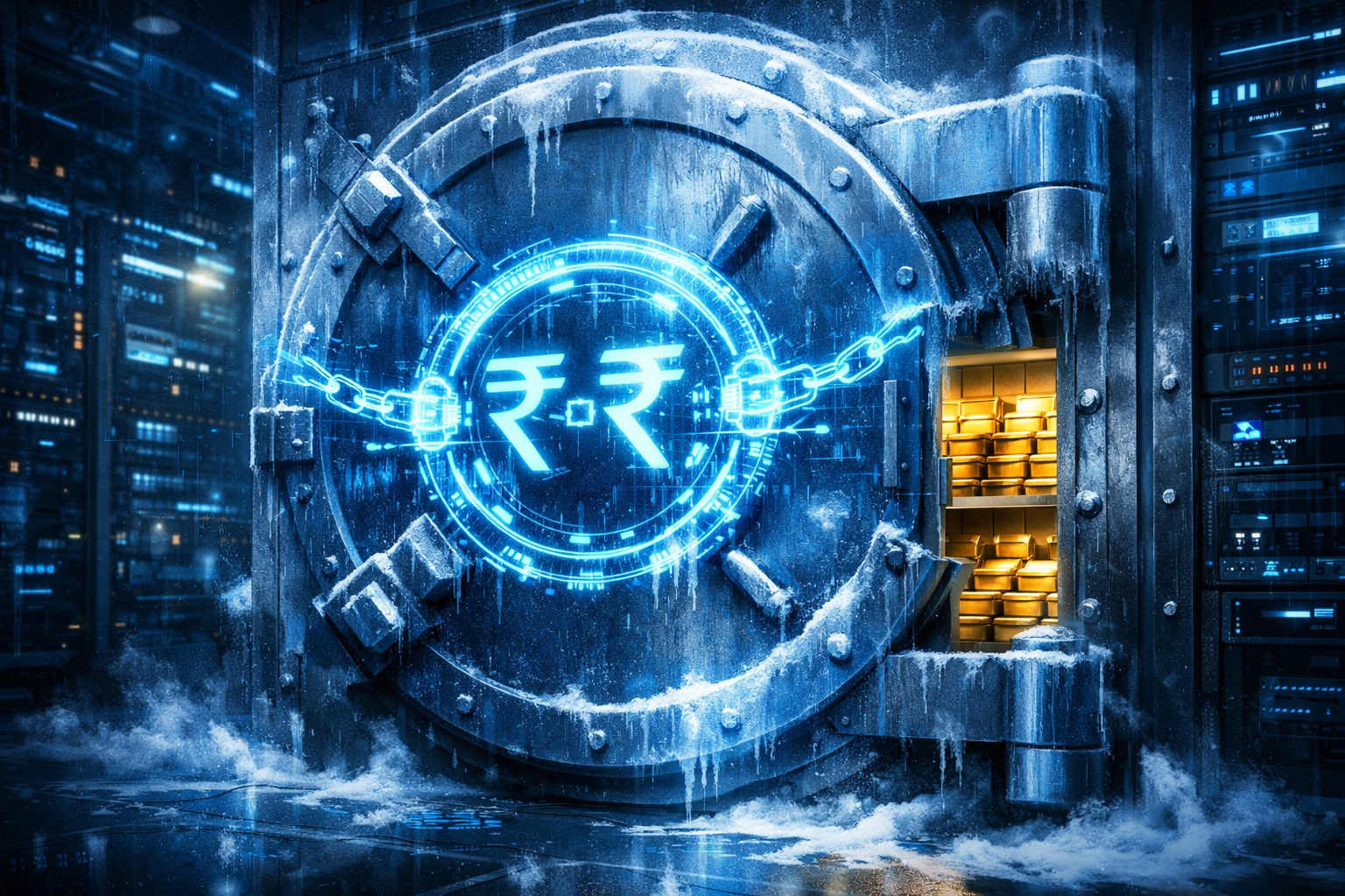 Detailed () showing a digital visualization of a massive freeze on financial assets. Imagine a glowing blue bank vault door