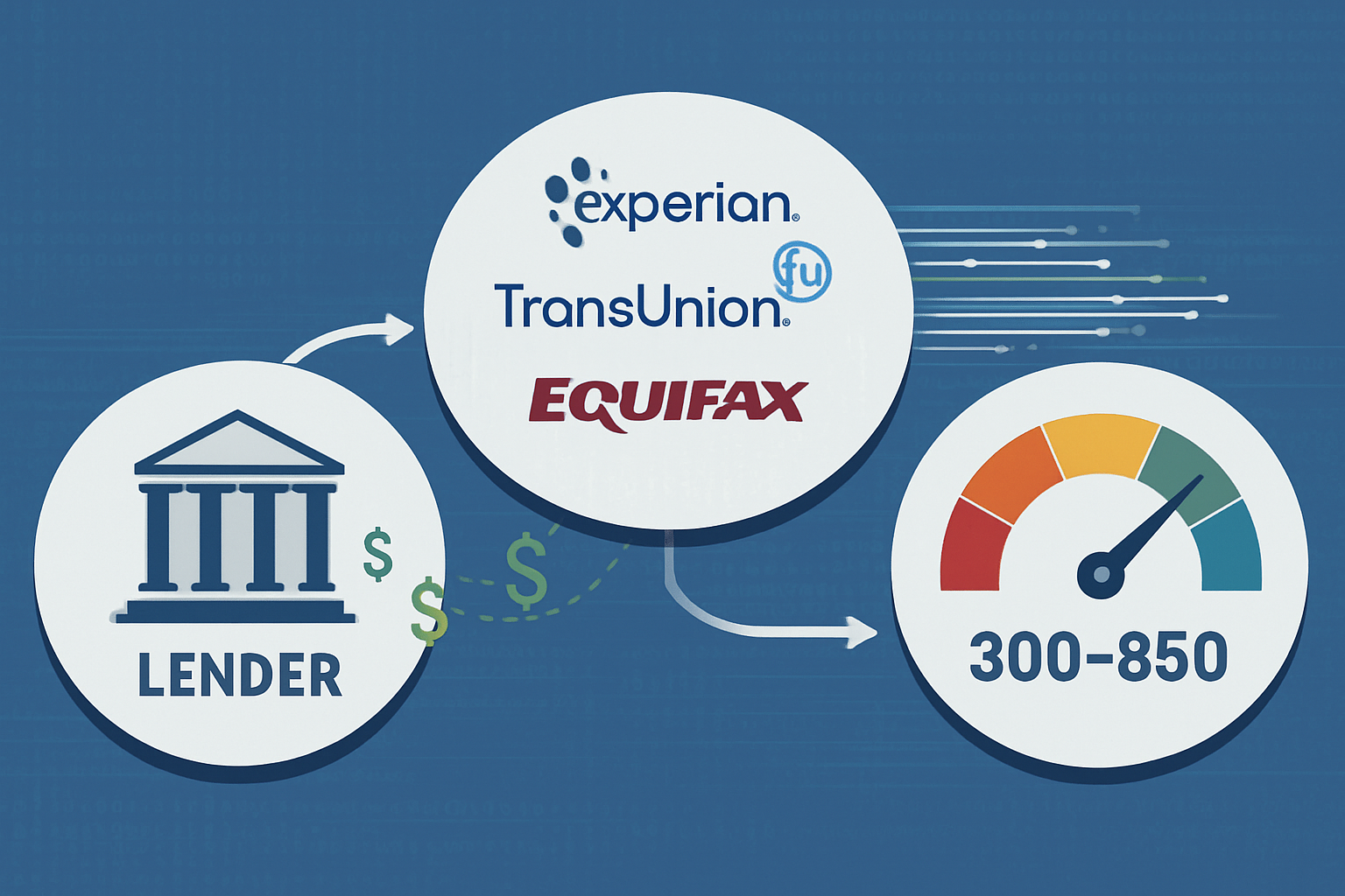 Detailed landscape infographic (1536x1024) illustrating the credit ecosystem behind the scenes with three connected circular nodes: left nod