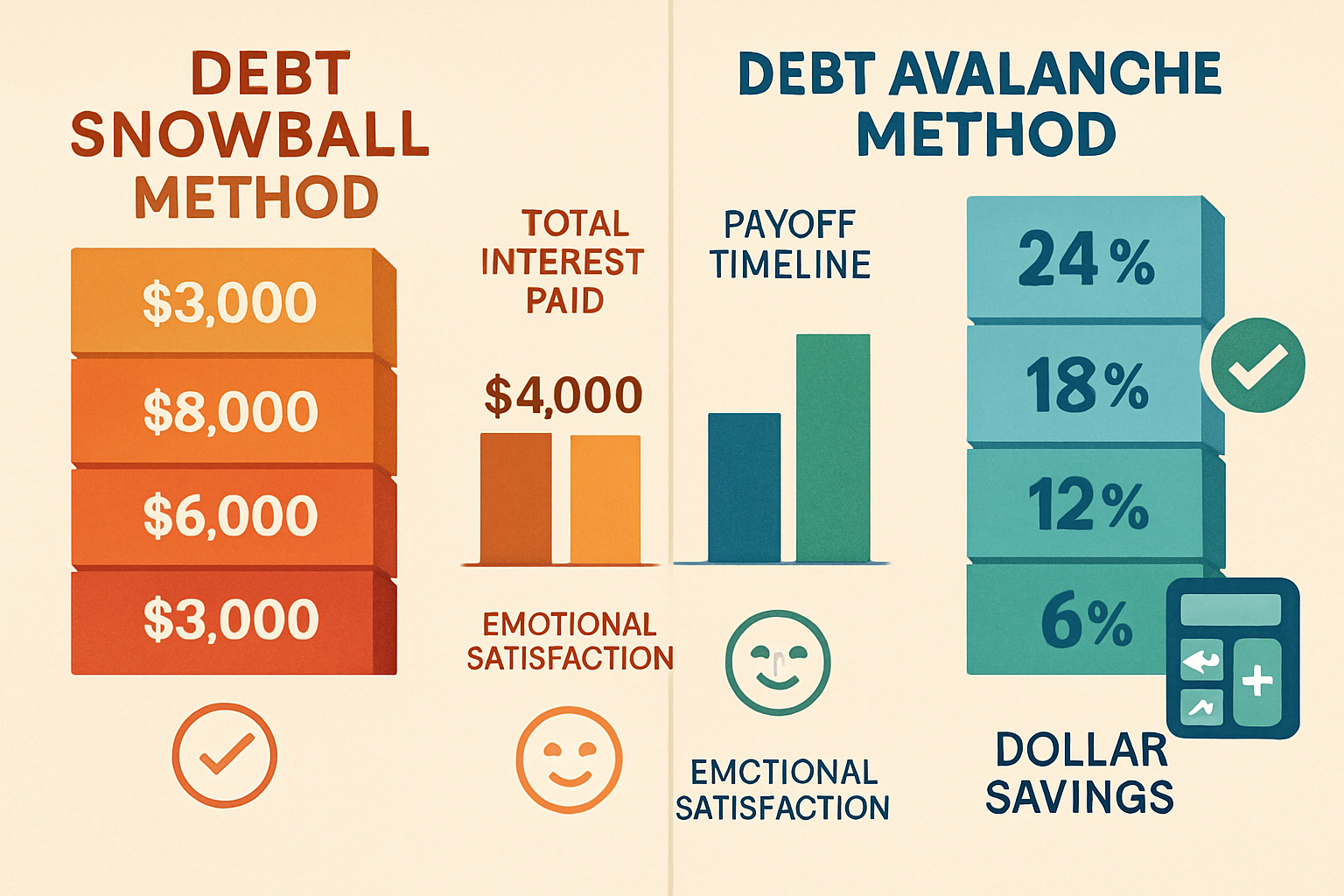 Detailed landscape comparison chart (1536x1024) showing debt payoff strategies side-by-side: left column labeled 'Debt Snowball Method' disp