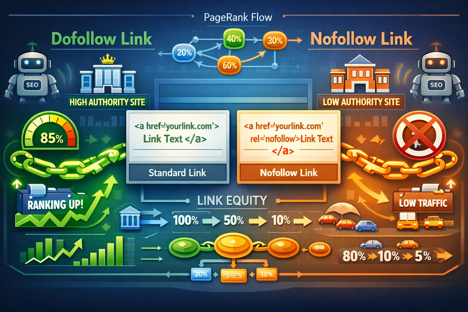 Landscape format (1536x1024) detailed comparison visualization showing two parallel pathways: left pathway displays bright green dofollow li