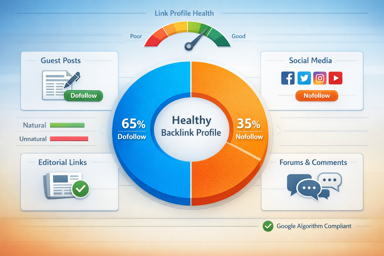 Landscape format (1536x1024) professional data visualization featuring large pie chart showing ideal backlink ratio: 65% dofollow segment in