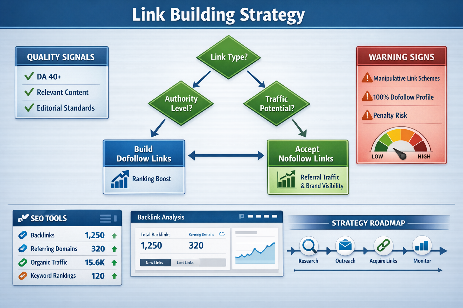 Landscape format (1536x1024) strategic decision-making infographic showing flowchart for link building strategy. Center features decision tr