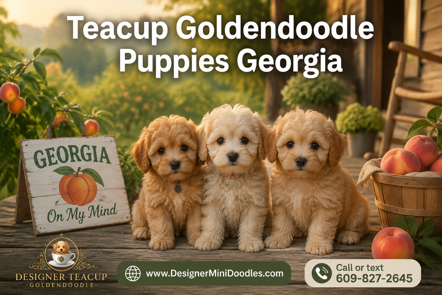 Professional () magazine-style hero image featuring 'Teacup Goldendoodle Puppies Georgia' in white with soft drop , centered