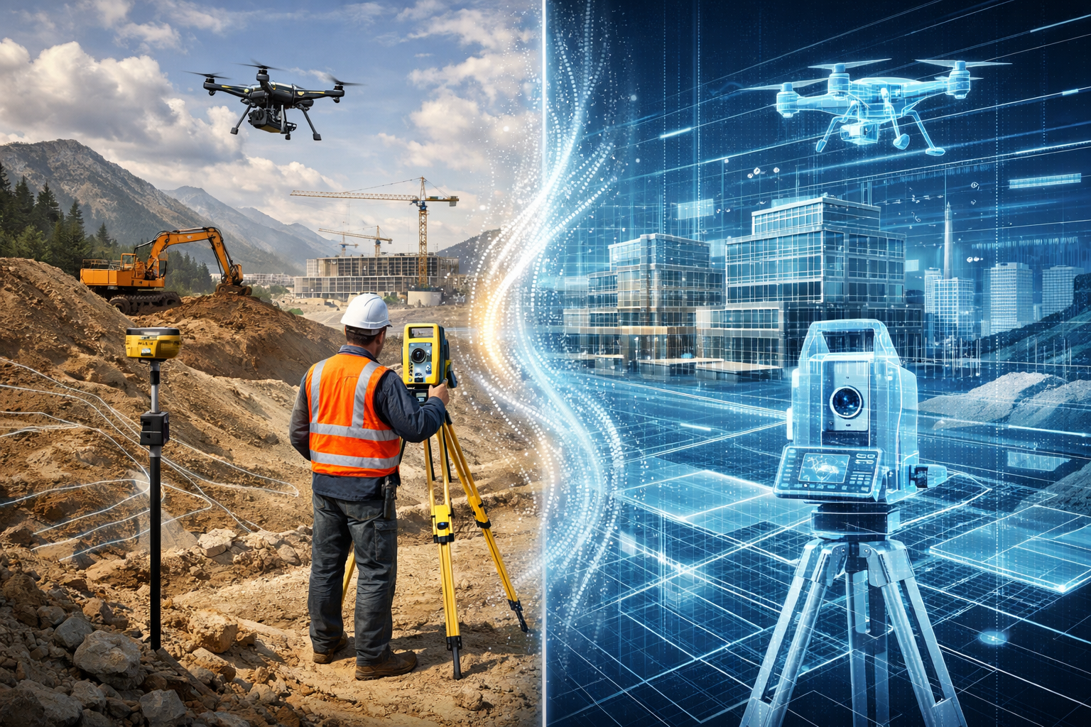 Conceptual landscape illustration depicting BIM integration ecosystem for land surveyors, showing a dynamic digital construction site. Split