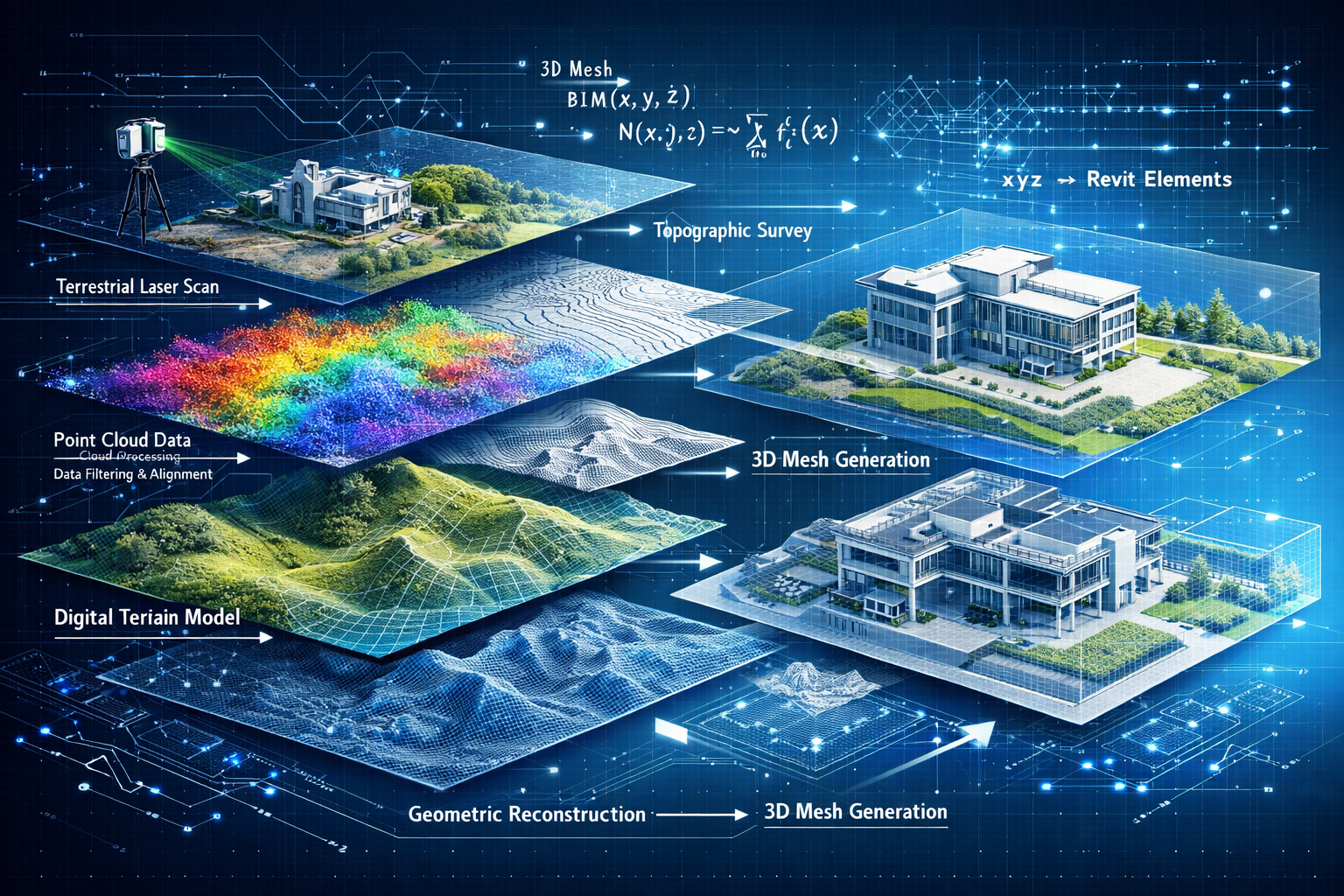 Technical visualization showcasing geospatial data integration into BIM models, landscape format. Cutaway view revealing multiple data trans