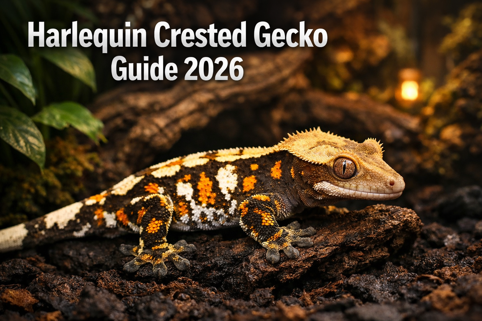 Professional landscape format (1536x1024) hero image featuring a stunning harlequin crested gecko with distinctive white and colored pattern