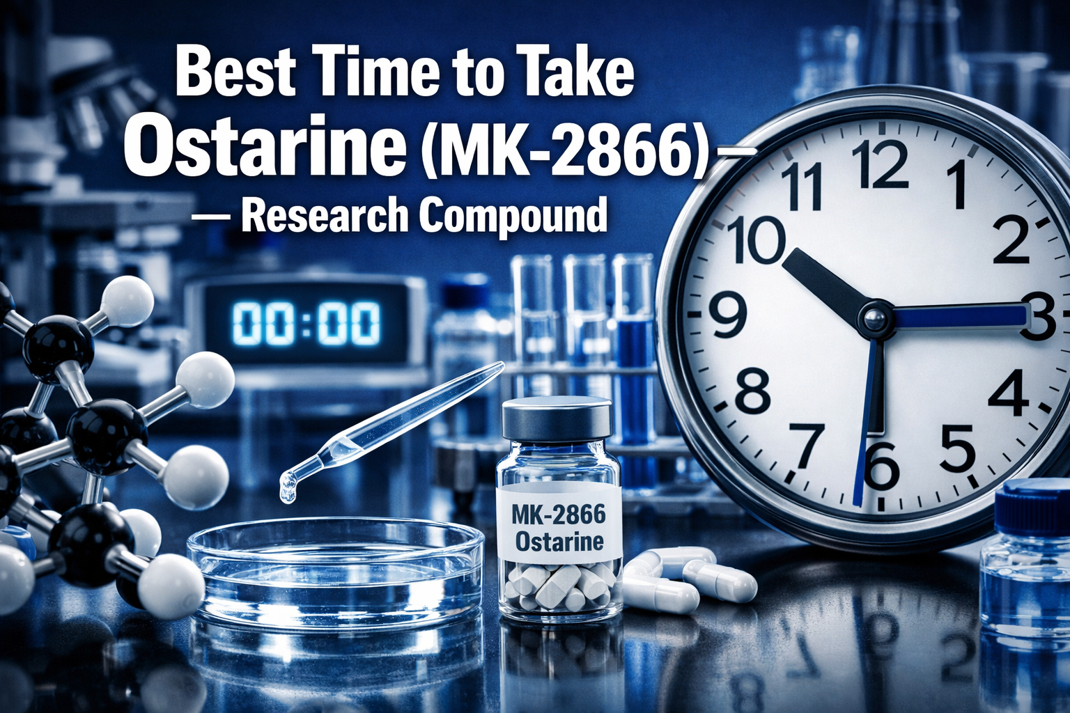Professional landscape format (1536x1024) hero image featuring bold text overlay 'Best Time to Take Ostarine (MK-2866) — Research Compound' 