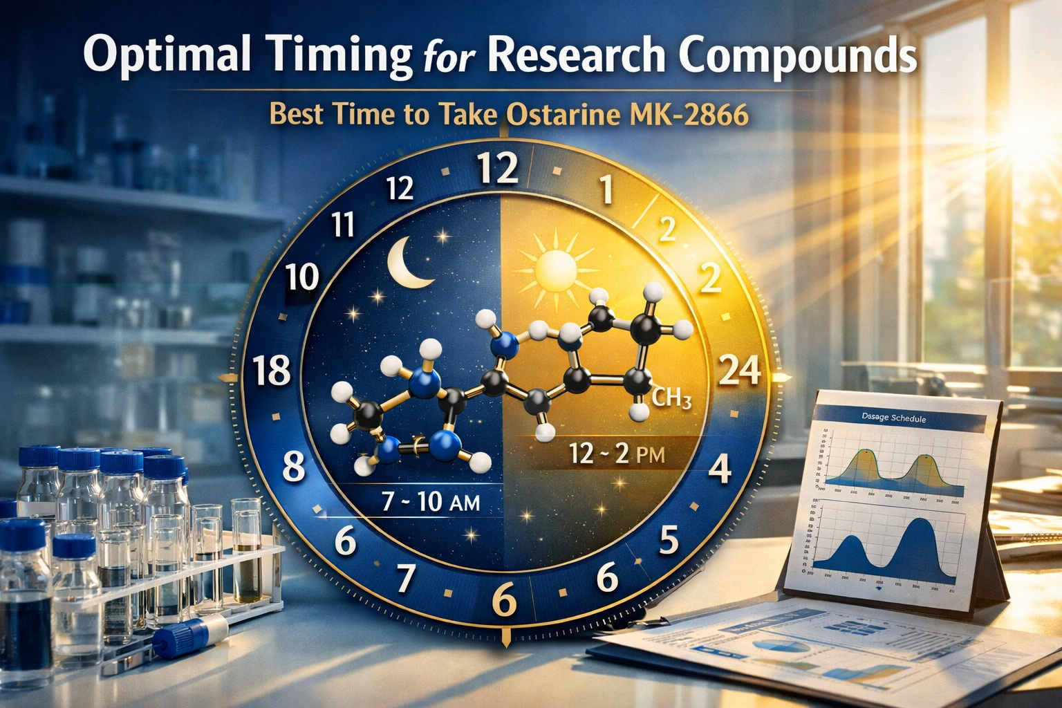 Detailed landscape format (1536x1024) image showing circular clock diagram with 24-hour markers, molecular structure of Ostarine MK-2866 ove