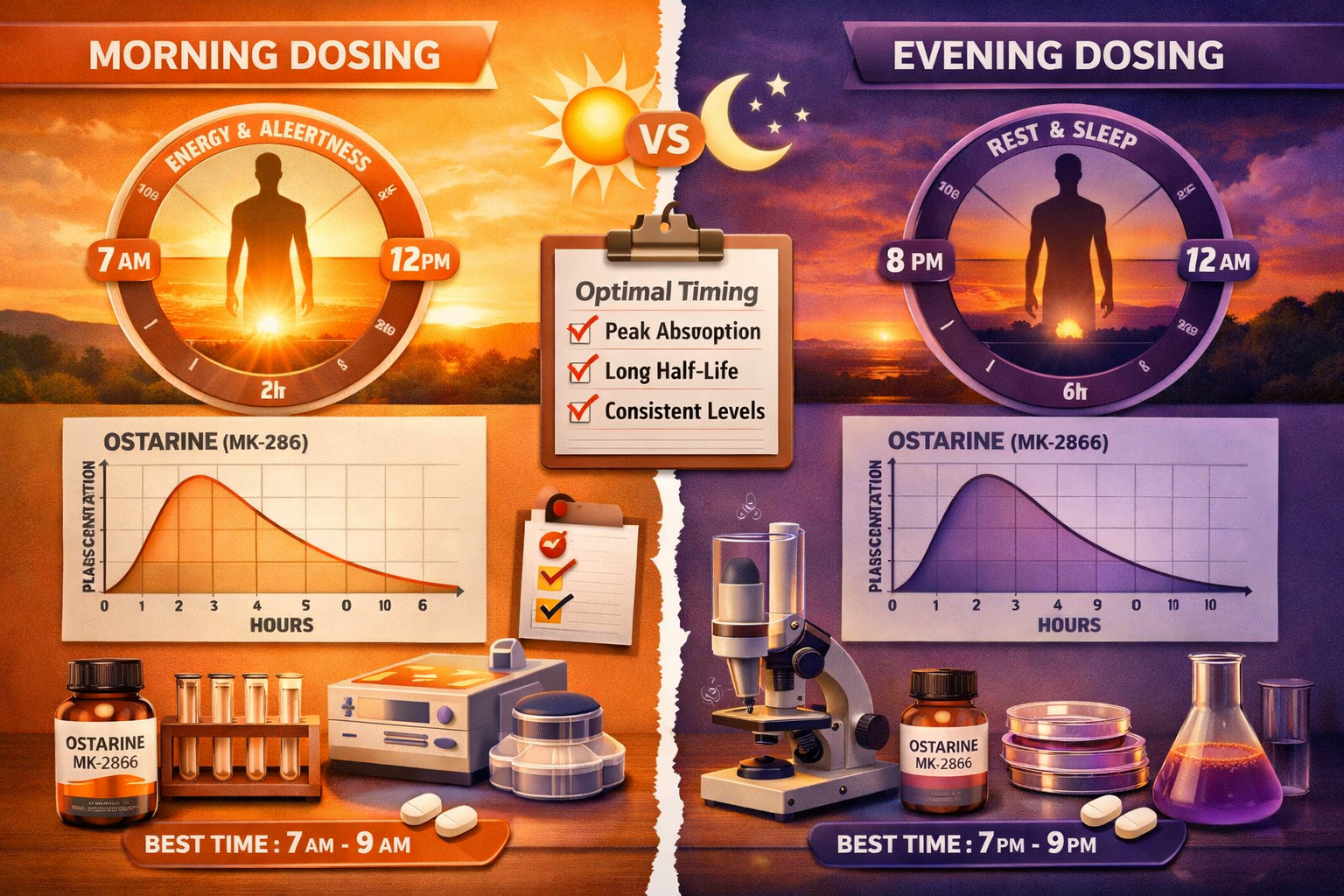 Detailed landscape format (1536x1024) image featuring split-screen comparison of morning vs evening administration, sunrise and sunset image