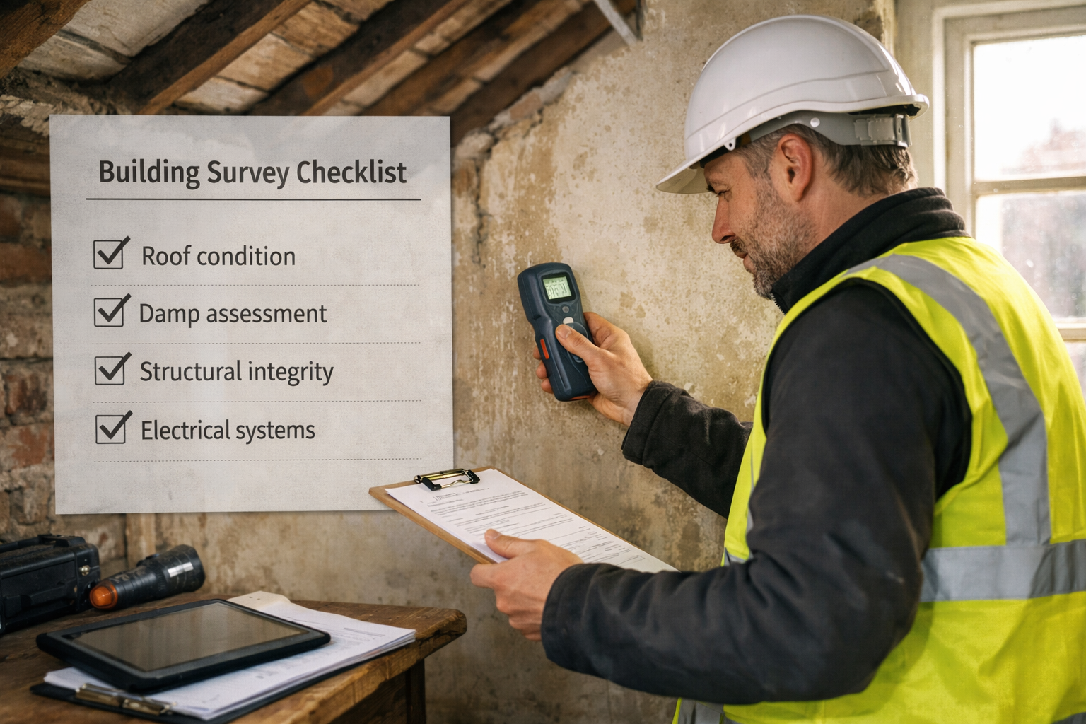 Detailed () image showing professional surveyor conducting Level 3 building survey inside UK property. Scene captures