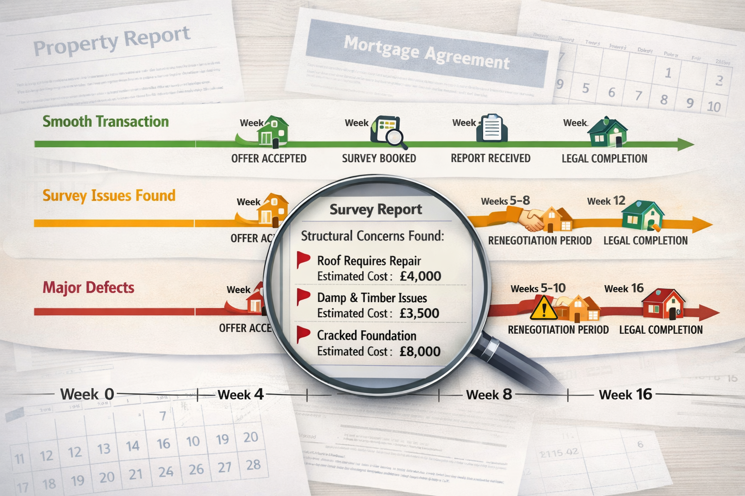 Detailed () infographic-style image illustrating property purchase timeline disruption scenarios. Visual shows horizontal