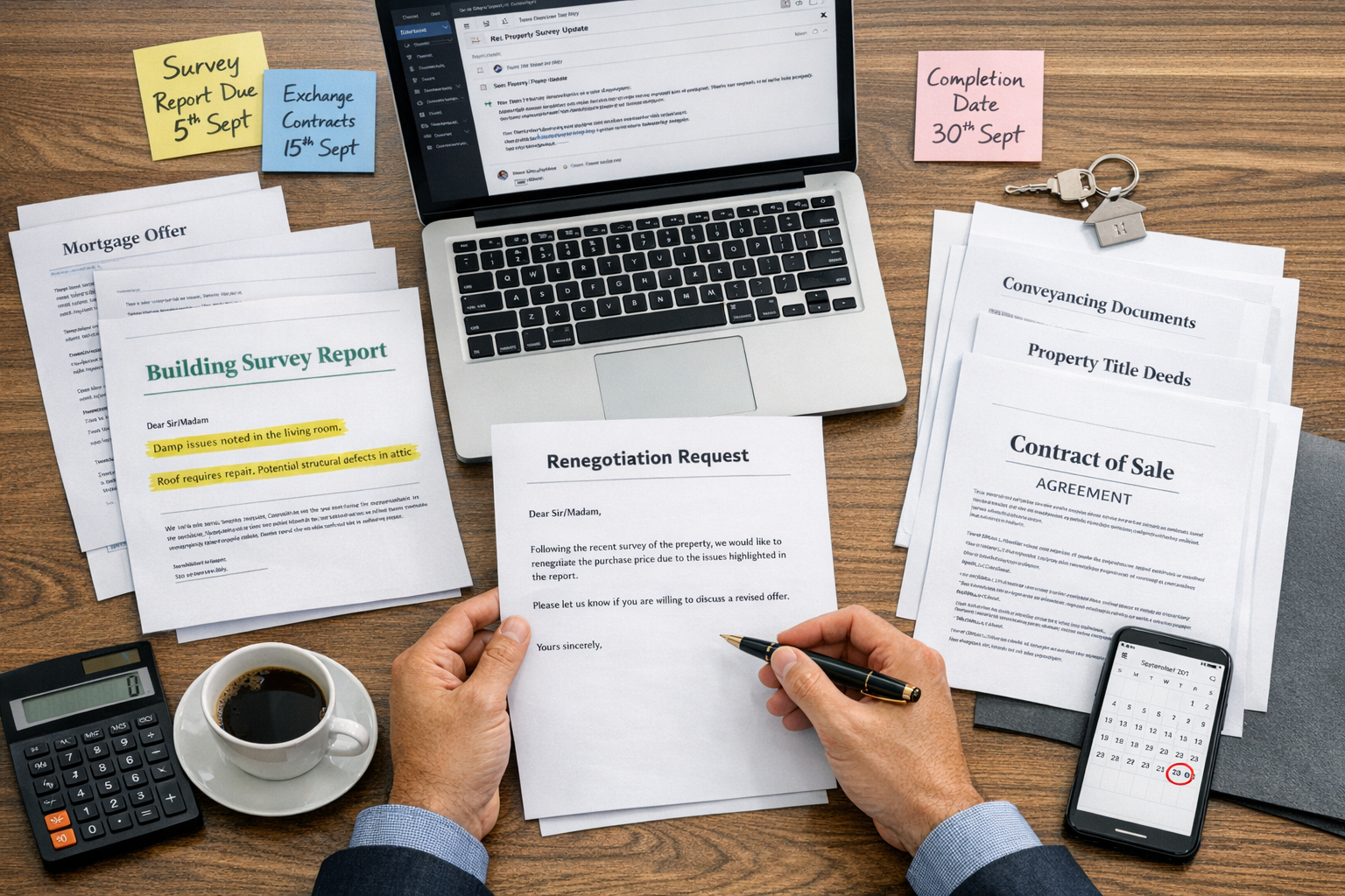 Detailed () image showing modern solicitor's office desk from overhead perspective. Scene includes organized paperwork