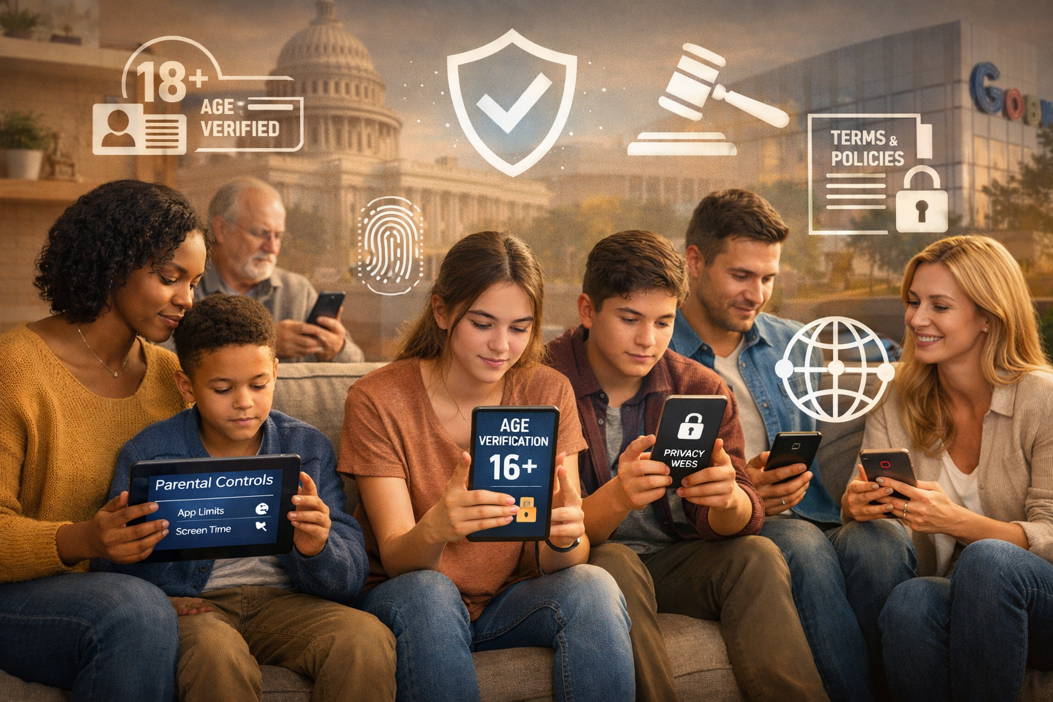 Landscape editorial photograph (1536x1024) depicting the human impact of social media regulation. Scene shows diverse group of parents, teen