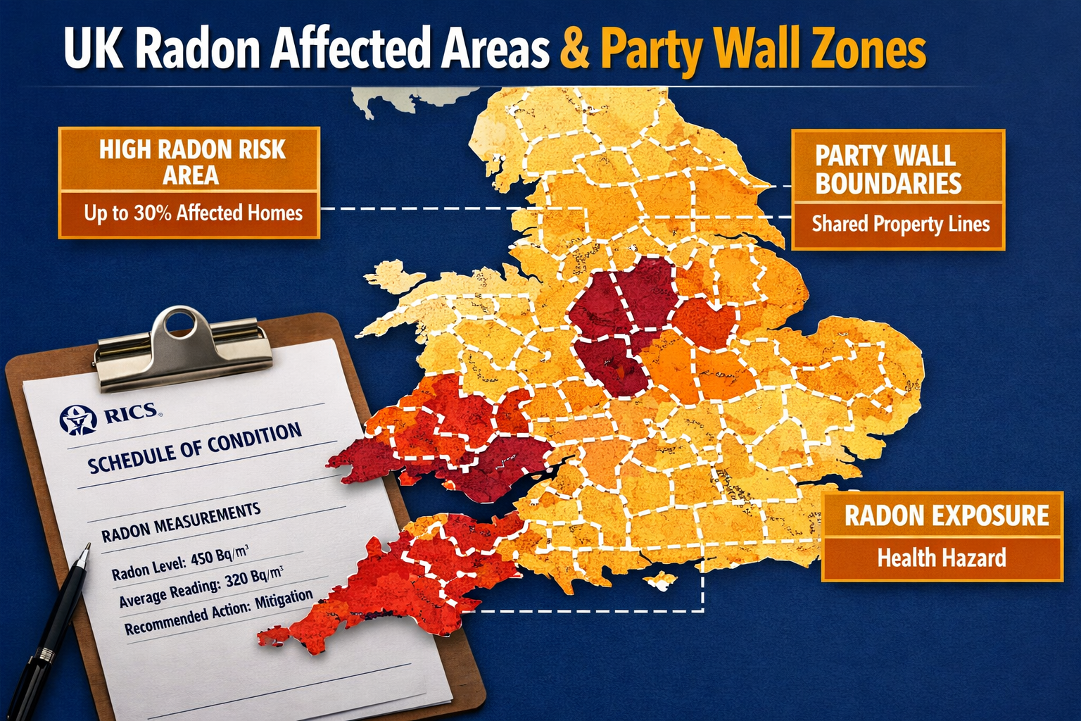 Detailed () infographic-style image showing a UK radon risk map with color-coded regions — Cornwall, Devon, Derbyshire,