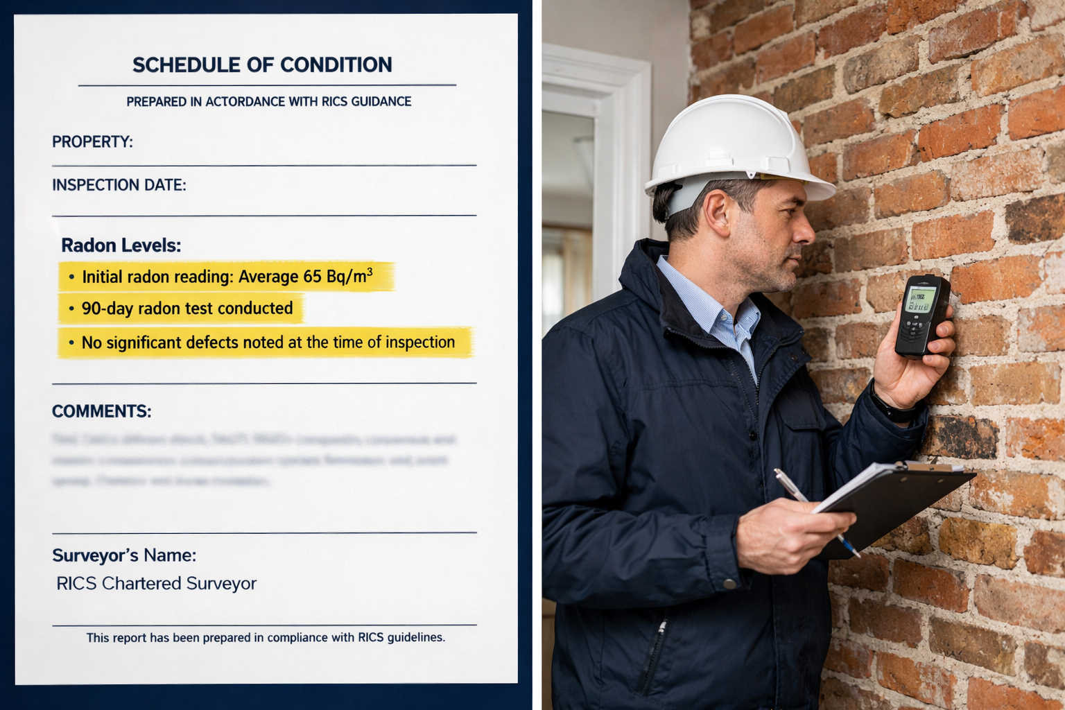 Detailed () showing a split-panel comparison: on the left, a RICS-compliant Schedule of Condition document template with