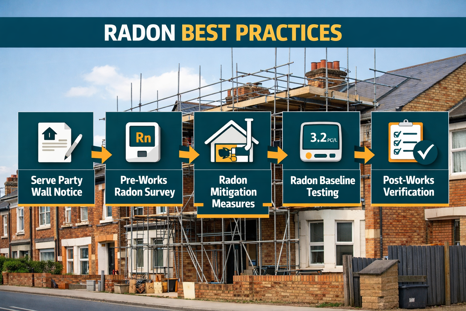 Detailed () showing a step-by-step process flowchart for party wall radon best practices: five connected stages from 'Serve