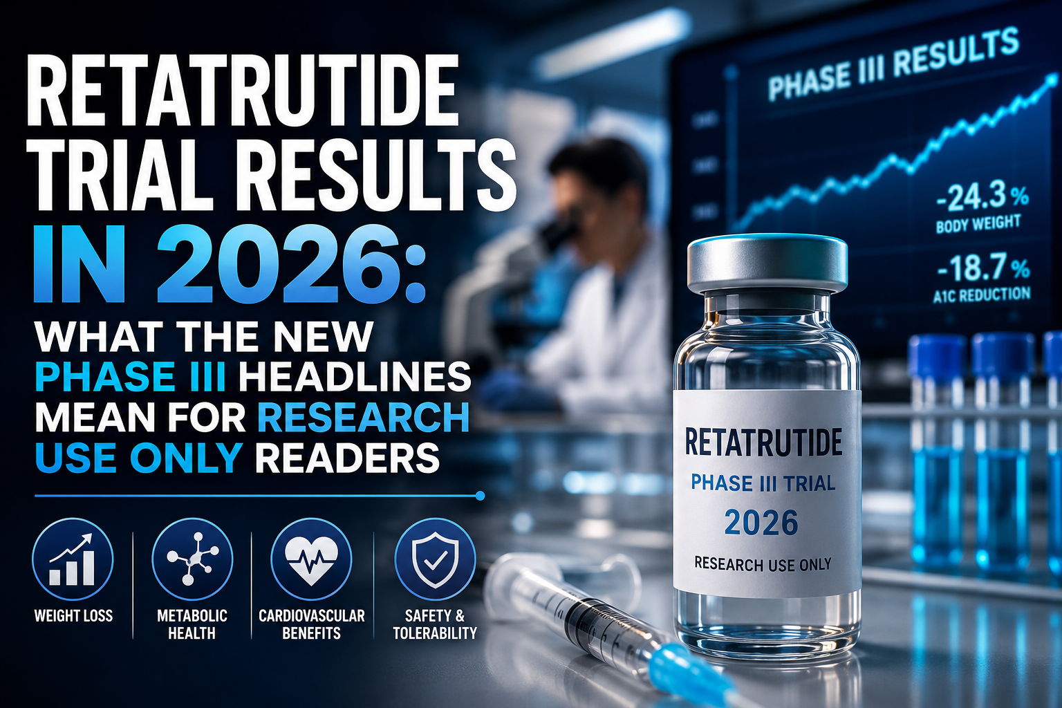 Professional landscape hero image () with : "Retatrutide Trial Results in 2026: What the New Phase III Headlines Mean for